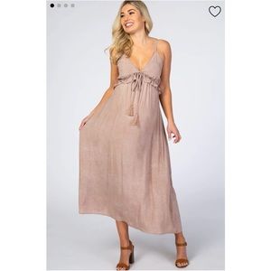 Light Mocha Dot Print V-Neck Midi Dress